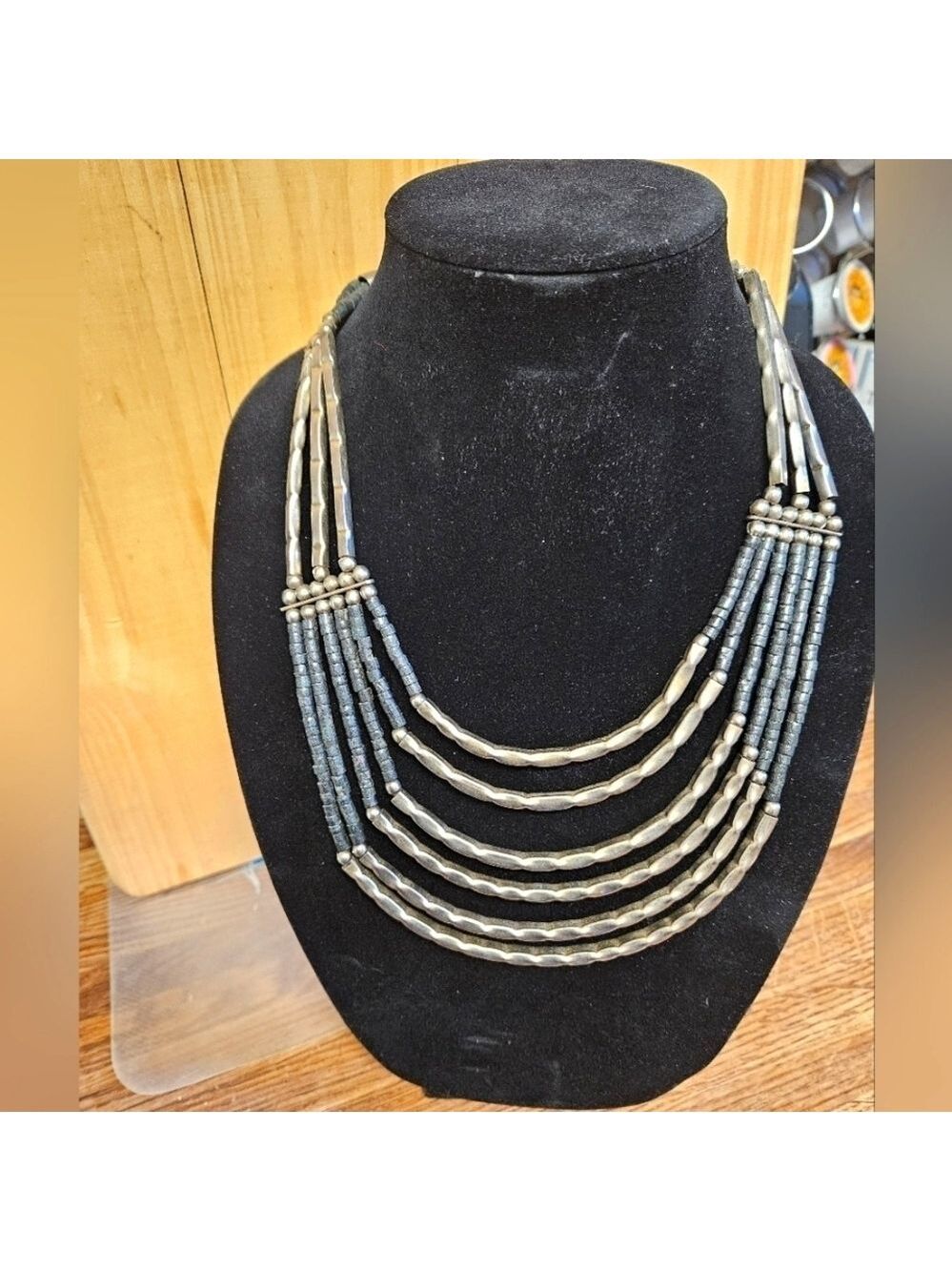 Vintage 90s 3-Row Silver-tone Metal and Black Beaded Necklace